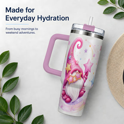 #pl[40oz|Pink] Pink Star Gnome Handled Tumbler, 40oz Stainless Steel for Gnome Fans