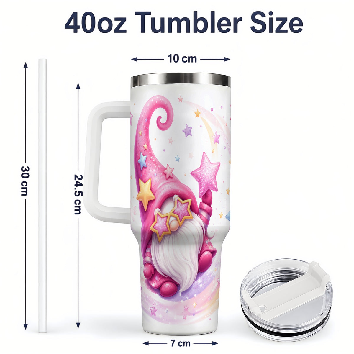 #pl[40oz|White] Pink Star Gnome Handled Tumbler, 40oz Stainless Steel for Gnome Fans