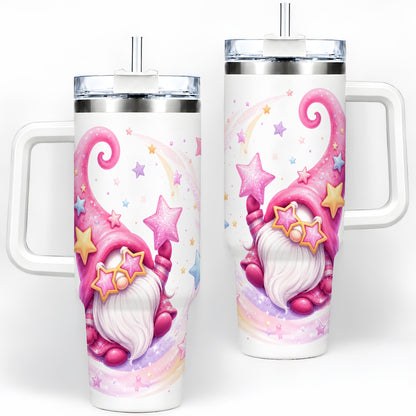 Pink Star Gnome Handled Tumbler, 40oz Stainless Steel for Gnome Fans