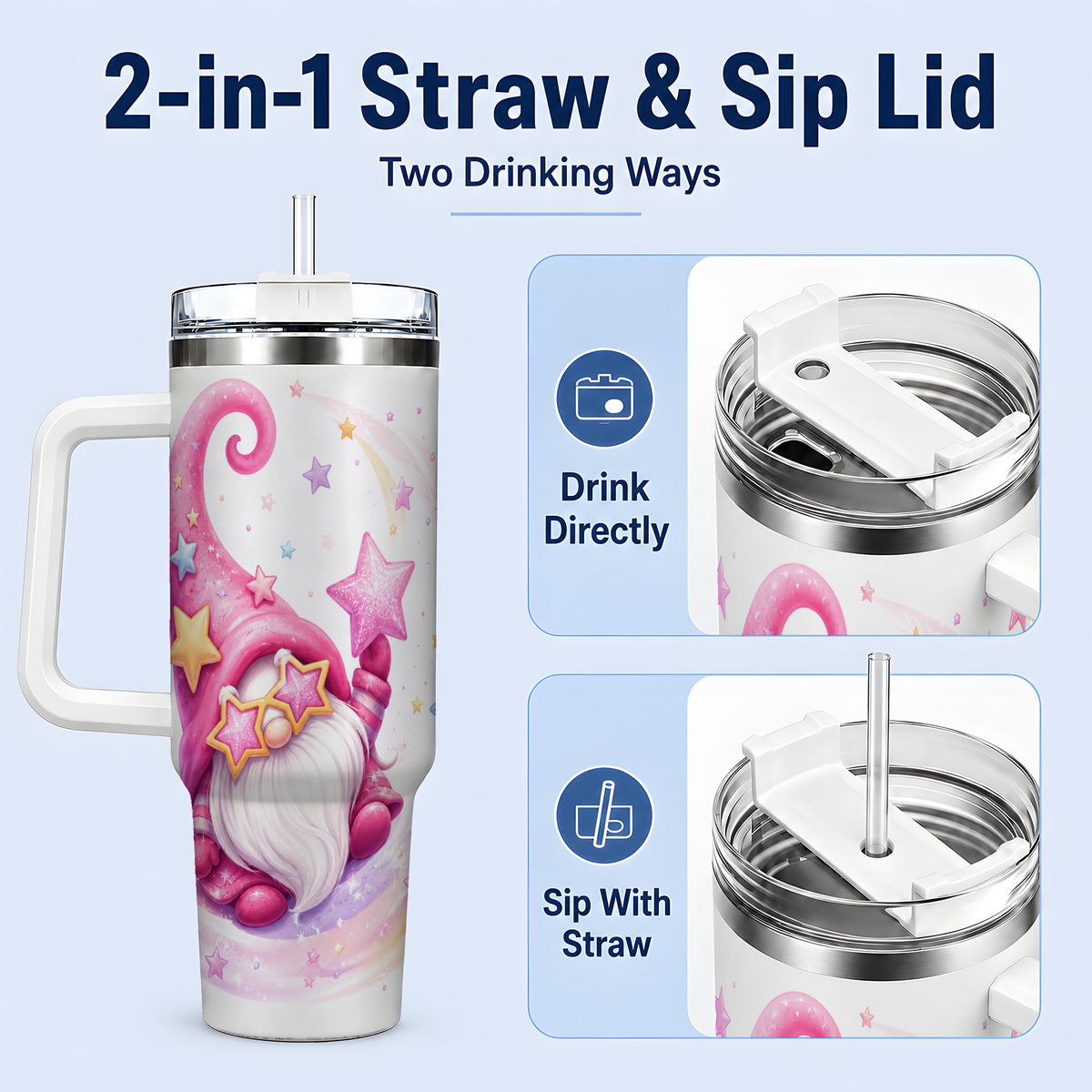 #pl[40oz|White] Pink Star Gnome Handled Tumbler, 40oz Stainless Steel for Gnome Fans