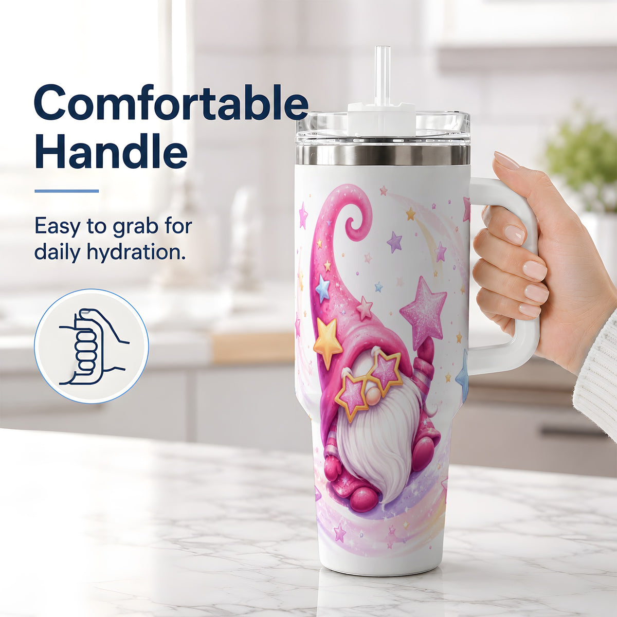 #pl[40oz|White] Pink Star Gnome Handled Tumbler, 40oz Stainless Steel for Gnome Fans