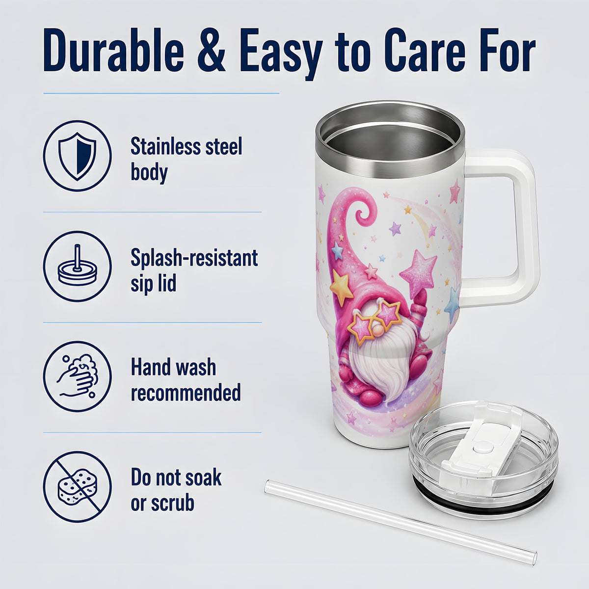 #pl[40oz|White] Pink Star Gnome Handled Tumbler, 40oz Stainless Steel for Gnome Fans