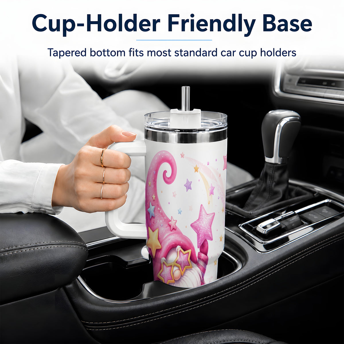 #pl[40oz|White] Pink Star Gnome Handled Tumbler, 40oz Stainless Steel for Gnome Fans