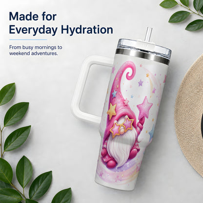 #pl[40oz|White] Pink Star Gnome Handled Tumbler, 40oz Stainless Steel for Gnome Fans