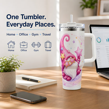 #pl[40oz|White] Pink Star Gnome Handled Tumbler, 40oz Stainless Steel for Gnome Fans