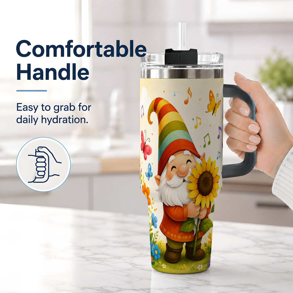 #pl[40oz|Black] Sunflower Gnome Handled Tumbler, 40oz Stainless Steel for Gnome Fans