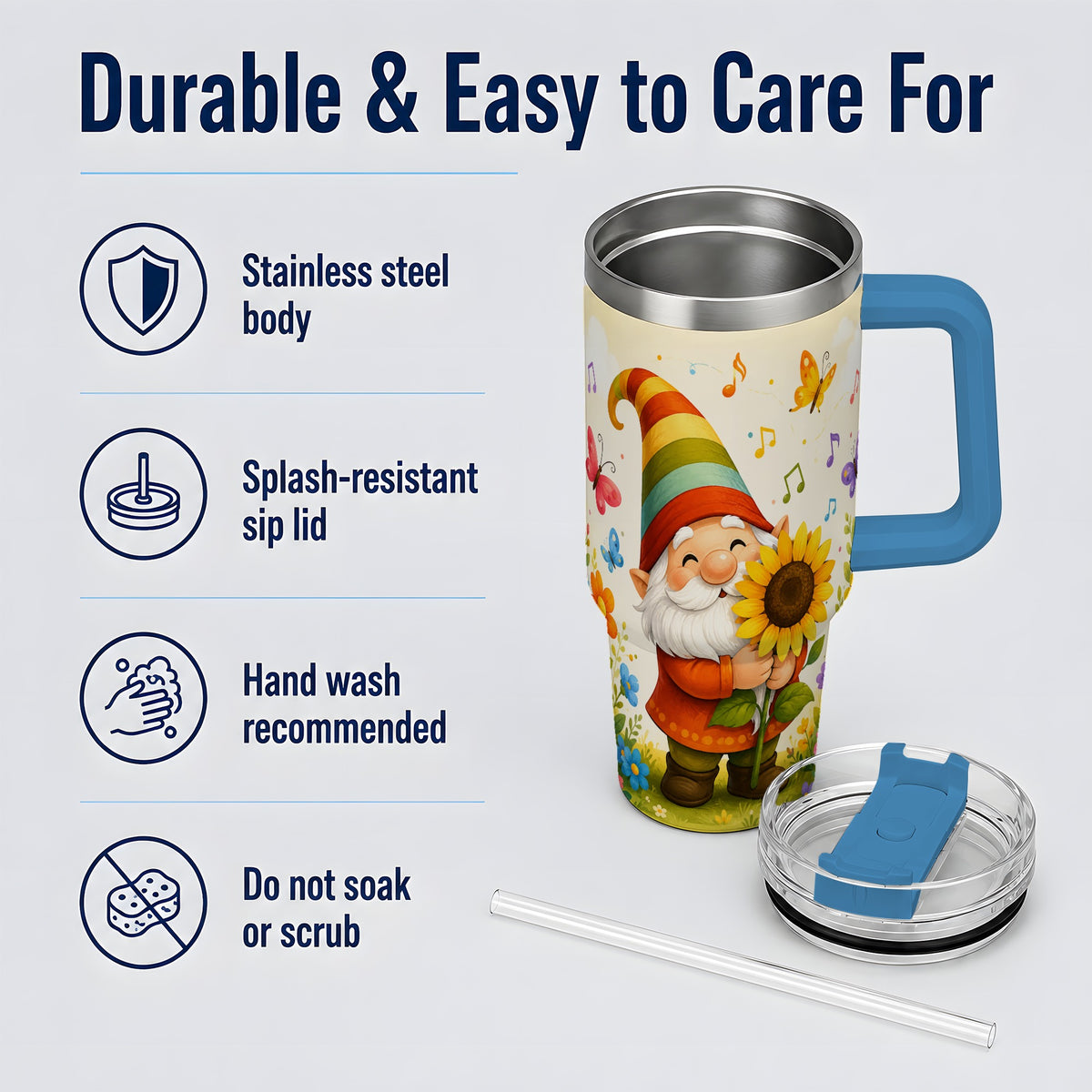 #pl[40oz|Blue] Sunflower Gnome Handled Tumbler, 40oz Stainless Steel for Gnome Fans