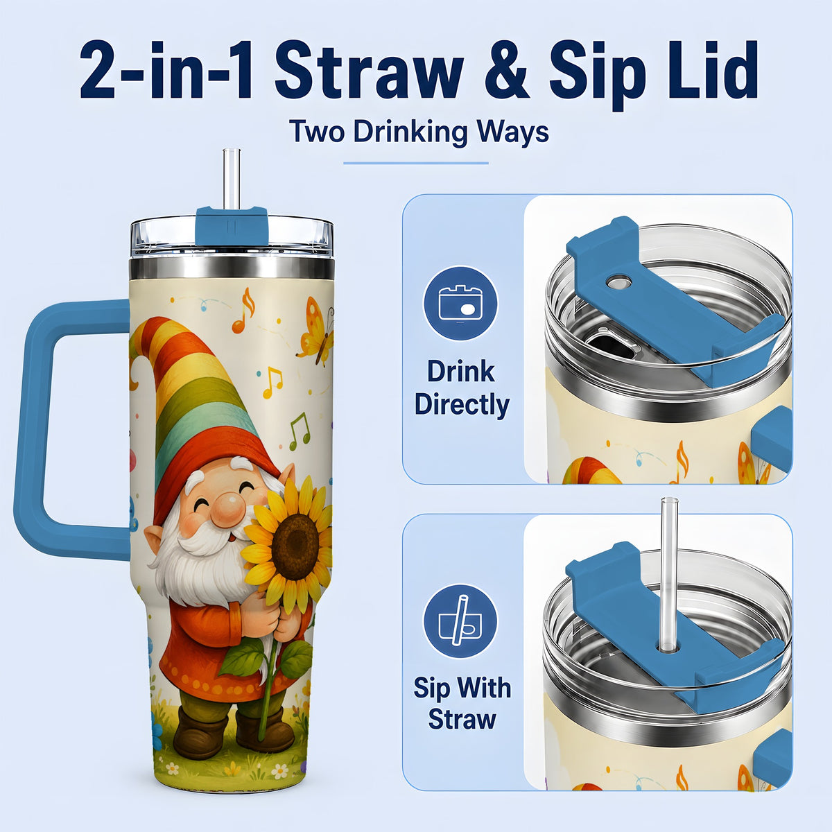 #pl[40oz|Blue] Sunflower Gnome Handled Tumbler, 40oz Stainless Steel for Gnome Fans