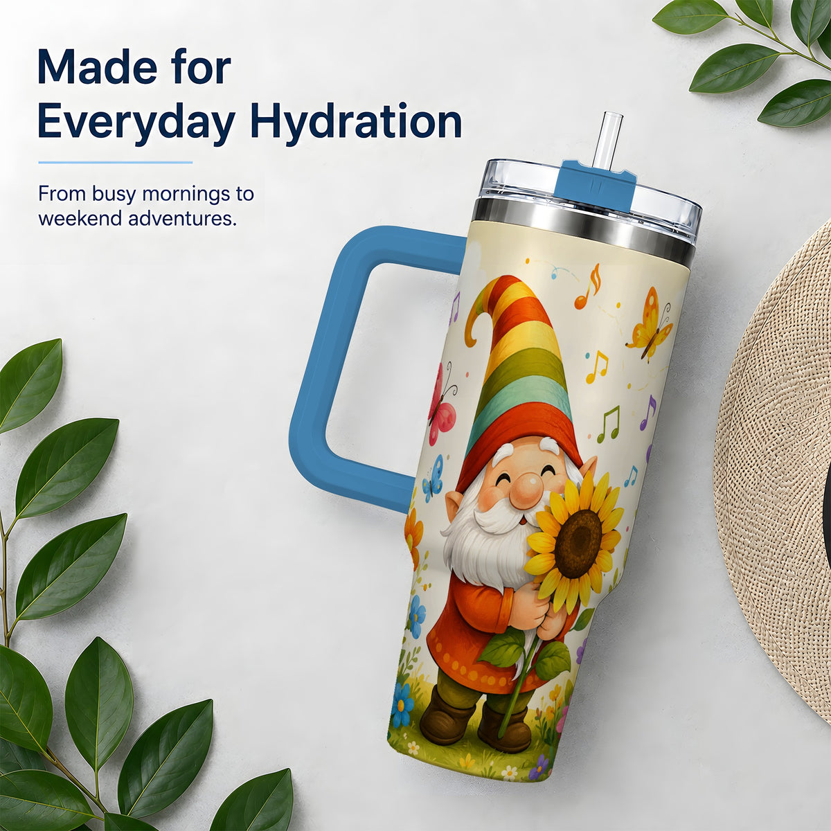 #pl[40oz|Blue] Sunflower Gnome Handled Tumbler, 40oz Stainless Steel for Gnome Fans
