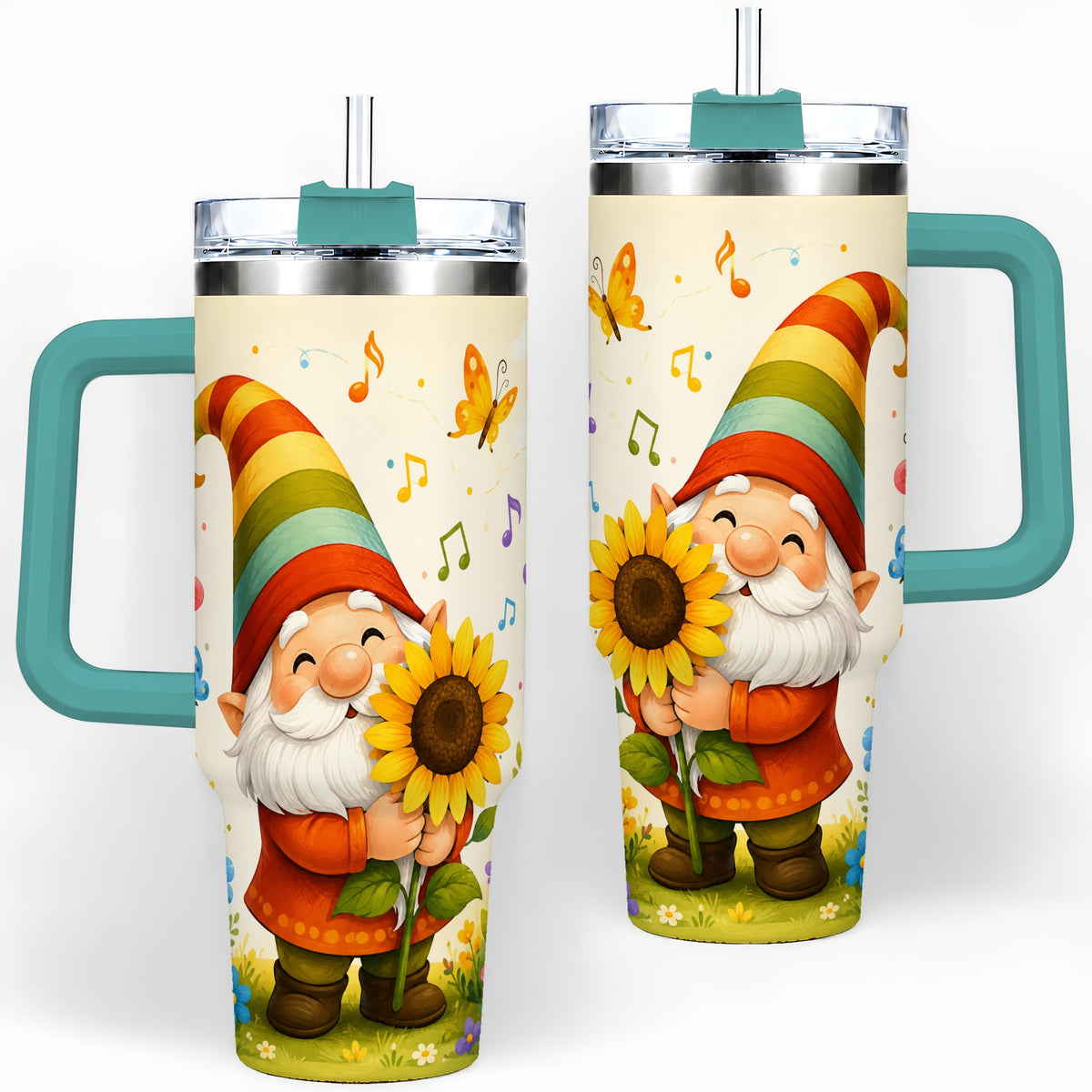 #pl[40oz|Green] Sunflower Gnome Handled Tumbler, 40oz Stainless Steel for Gnome Fans