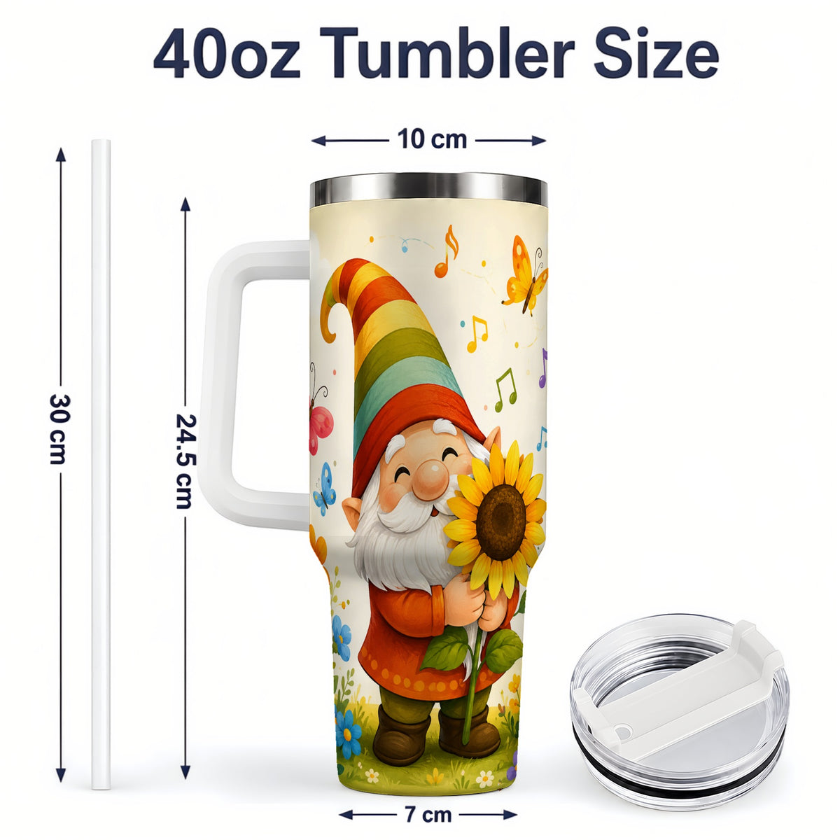 #pl[40oz|White] Sunflower Gnome Handled Tumbler, 40oz Stainless Steel for Gnome Fans