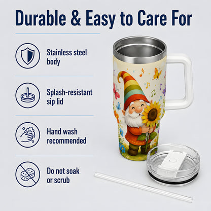 #pl[40oz|White] Sunflower Gnome Handled Tumbler, 40oz Stainless Steel for Gnome Fans