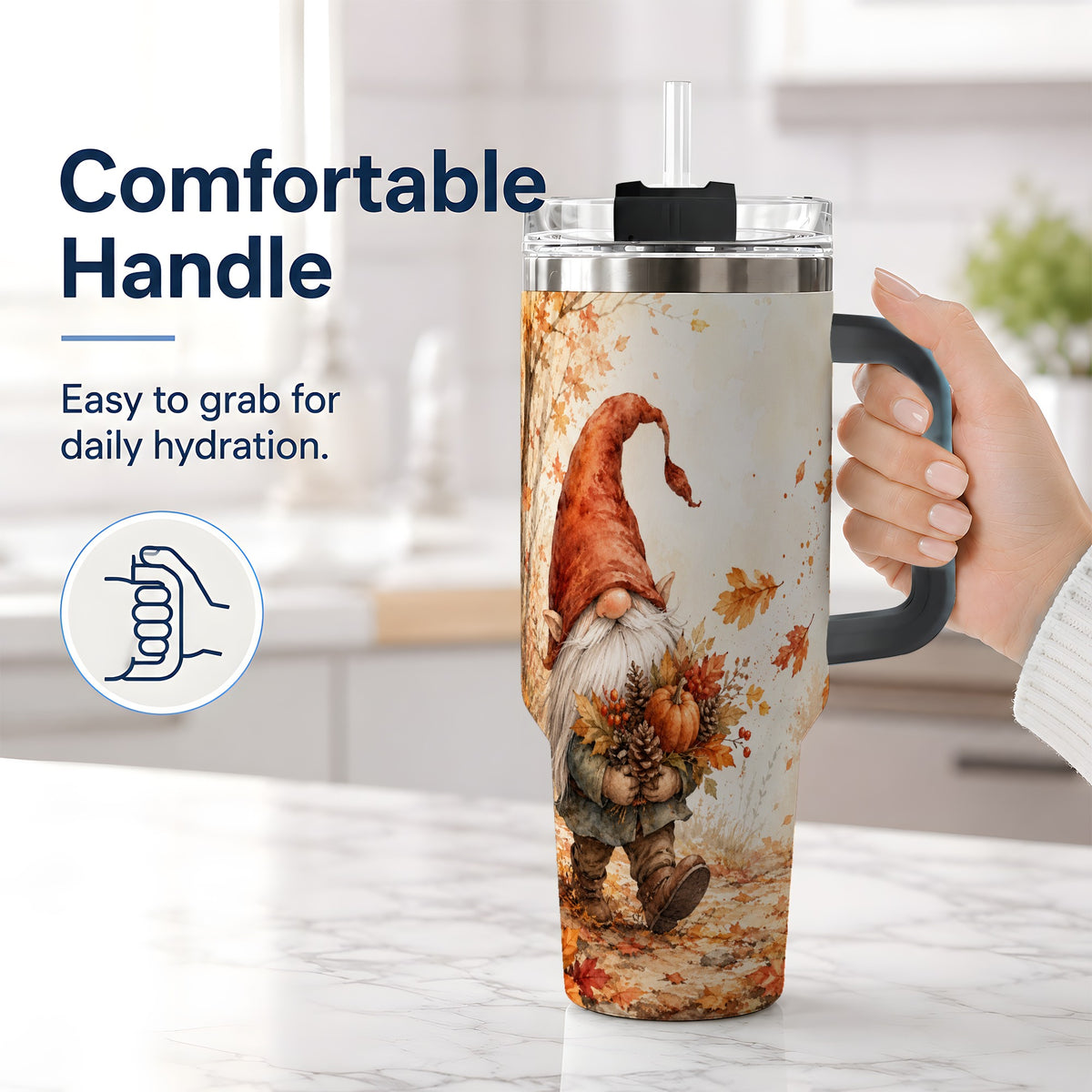 #pl[40oz|Black] Autumn Gnome Handled Tumbler, 40oz Stainless Steel for Gnome Fans