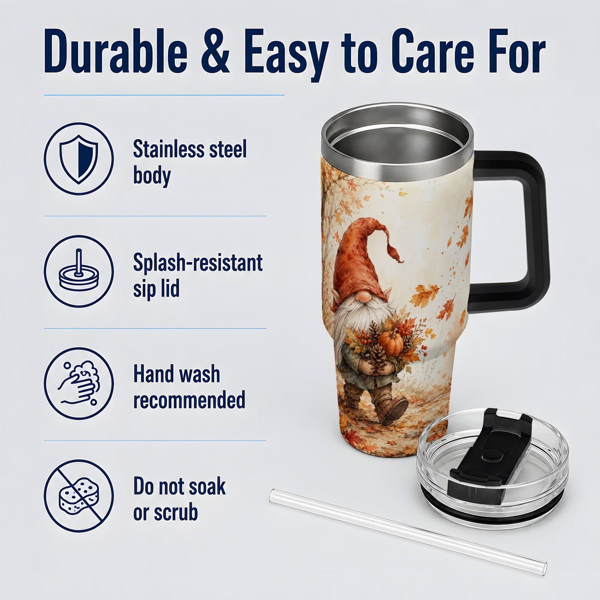#pl[40oz|Black] Autumn Gnome Handled Tumbler, 40oz Stainless Steel for Gnome Fans