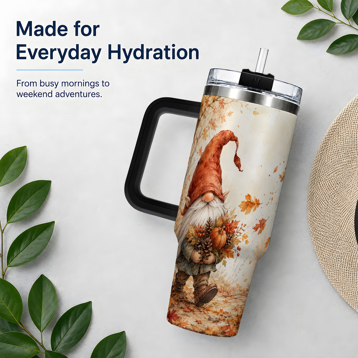 #pl[40oz|Black] Autumn Gnome Handled Tumbler, 40oz Stainless Steel for Gnome Fans