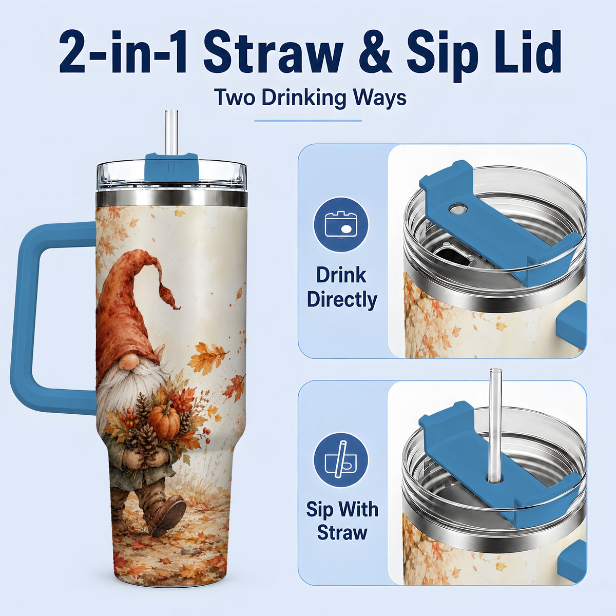 #pl[40oz|Blue] Autumn Gnome Handled Tumbler, 40oz Stainless Steel for Gnome Fans