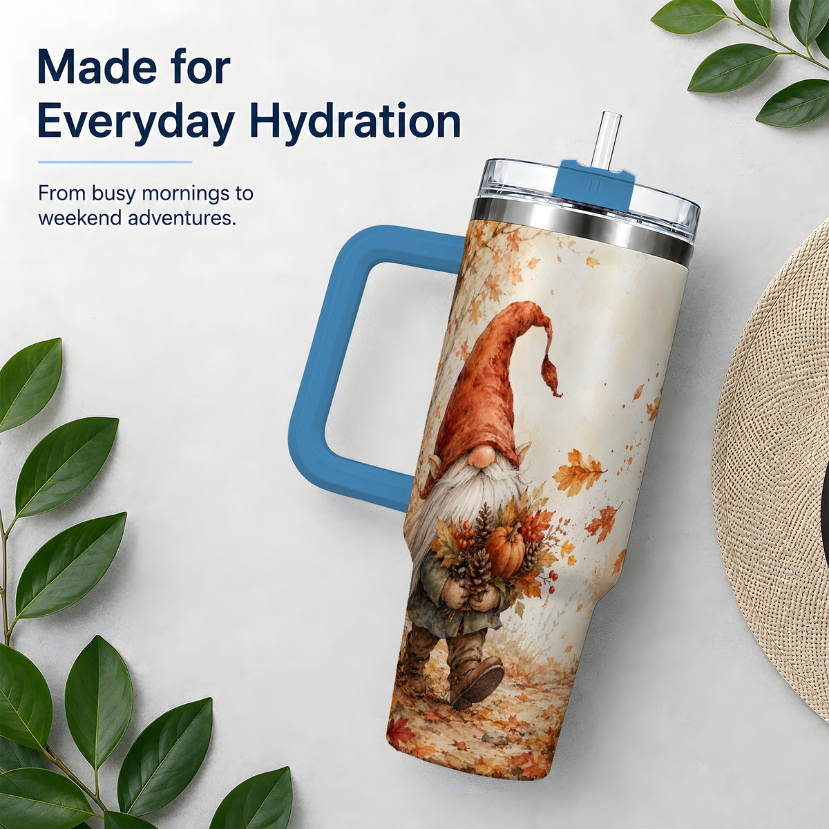 #pl[40oz|Blue] Autumn Gnome Handled Tumbler, 40oz Stainless Steel for Gnome Fans