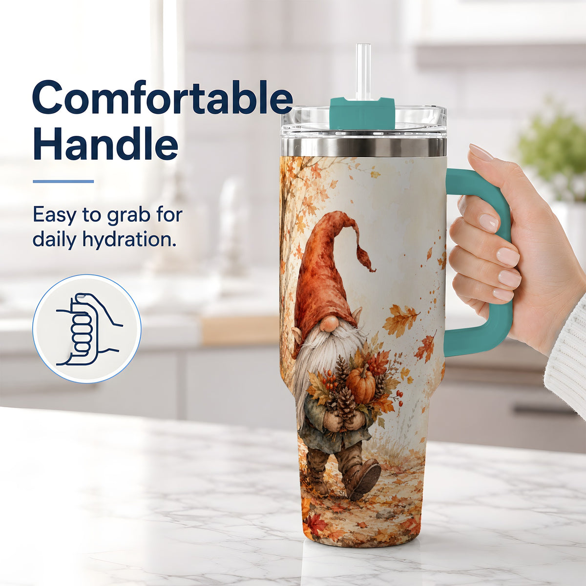 #pl[40oz|Green] Autumn Gnome Handled Tumbler, 40oz Stainless Steel for Gnome Fans