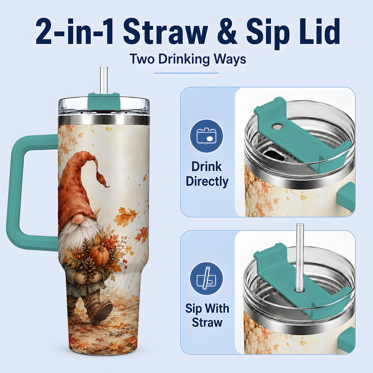 #pl[40oz|Green] Autumn Gnome Handled Tumbler, 40oz Stainless Steel for Gnome Fans