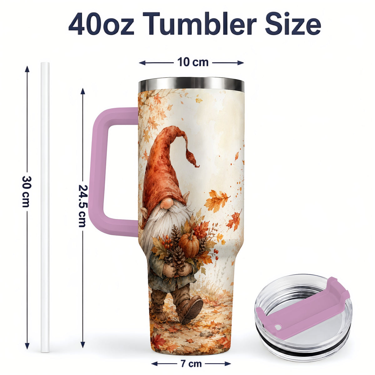 #pl[40oz|Pink] Autumn Gnome Handled Tumbler, 40oz Stainless Steel for Gnome Fans