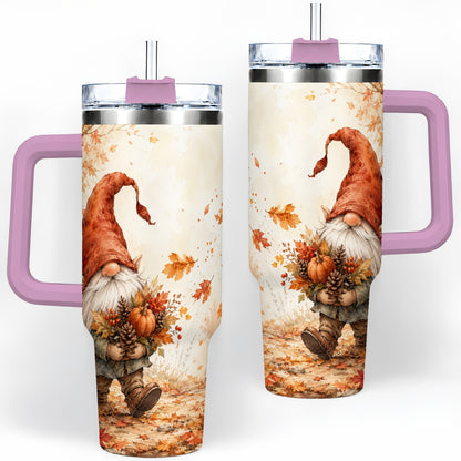 #pl[40oz|Pink] Autumn Gnome Handled Tumbler, 40oz Stainless Steel for Gnome Fans