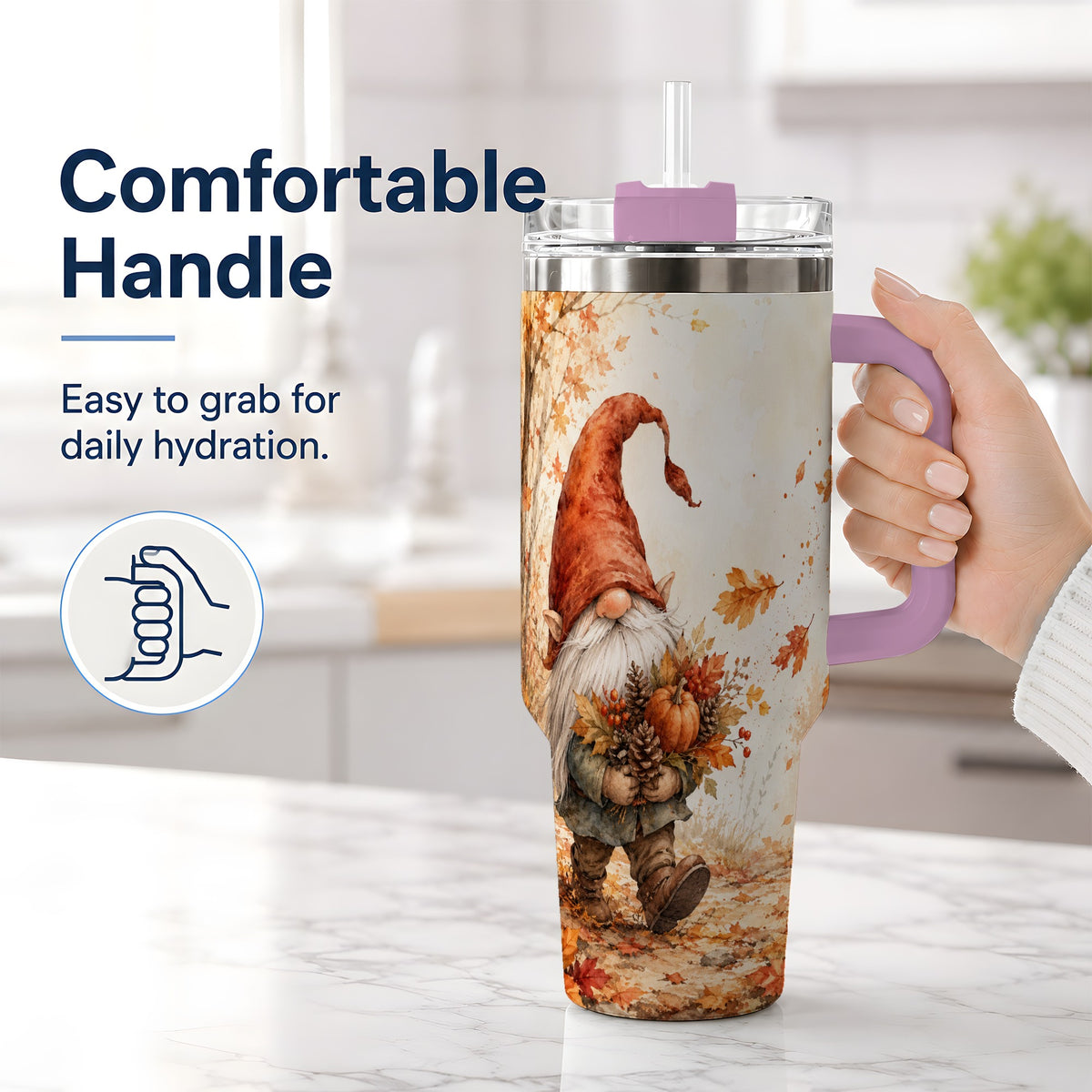 #pl[40oz|Pink] Autumn Gnome Handled Tumbler, 40oz Stainless Steel for Gnome Fans