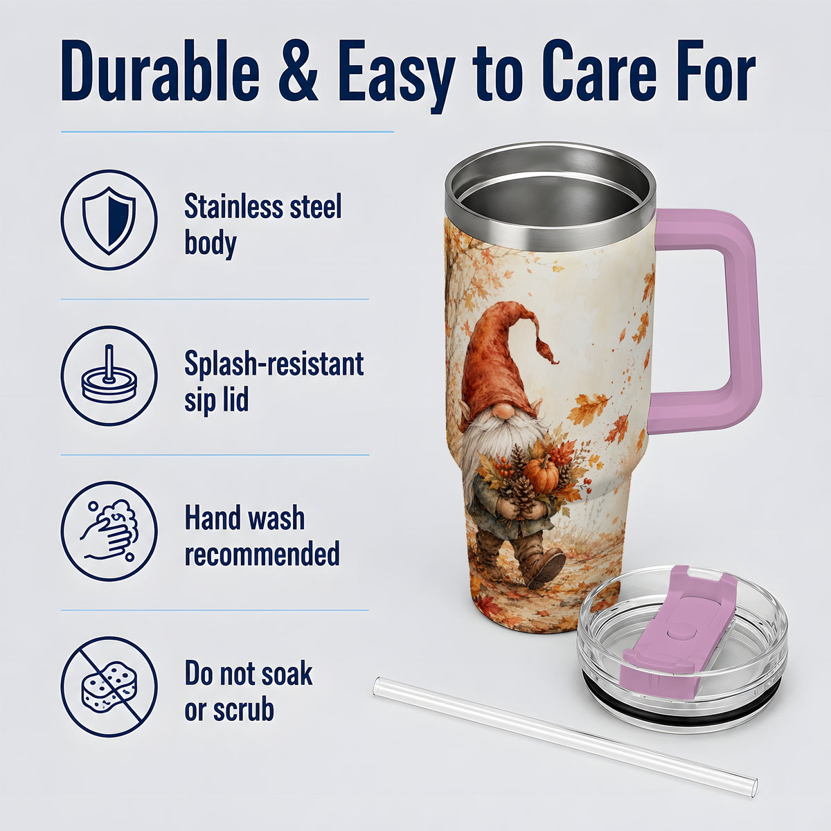 #pl[40oz|Pink] Autumn Gnome Handled Tumbler, 40oz Stainless Steel for Gnome Fans