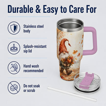 #pl[40oz|Pink] Autumn Gnome Handled Tumbler, 40oz Stainless Steel for Gnome Fans