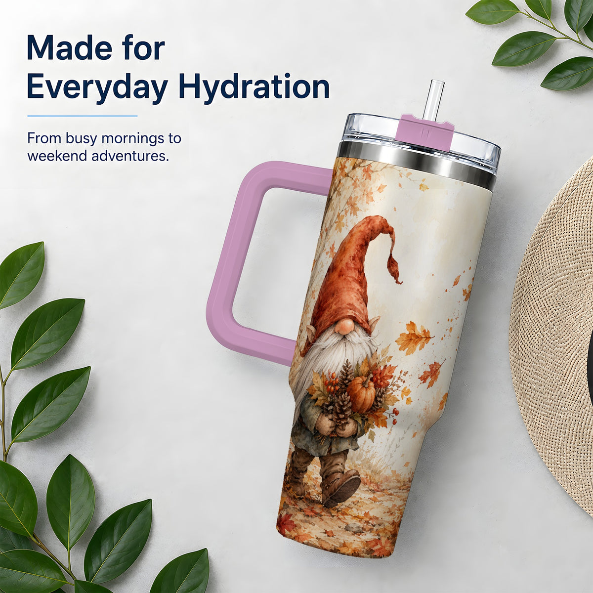 #pl[40oz|Pink] Autumn Gnome Handled Tumbler, 40oz Stainless Steel for Gnome Fans