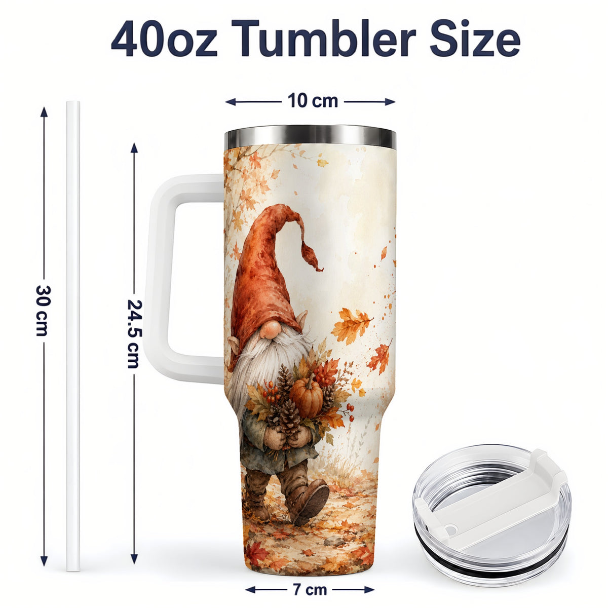 #pl[40oz|White] Autumn Gnome Handled Tumbler, 40oz Stainless Steel for Gnome Fans