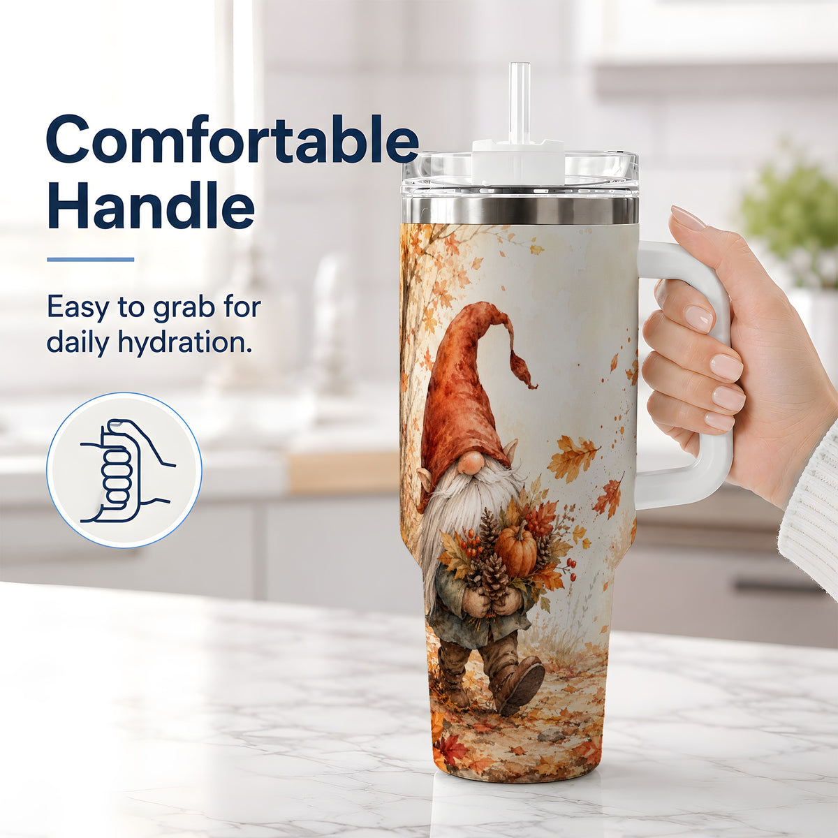 #pl[40oz|White] Autumn Gnome Handled Tumbler, 40oz Stainless Steel for Gnome Fans