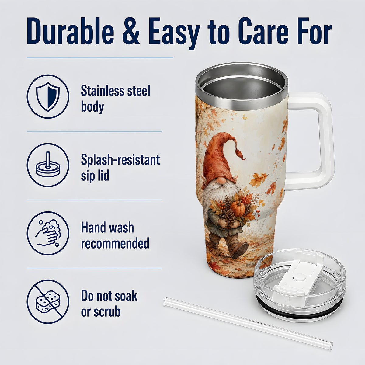 #pl[40oz|White] Autumn Gnome Handled Tumbler, 40oz Stainless Steel for Gnome Fans