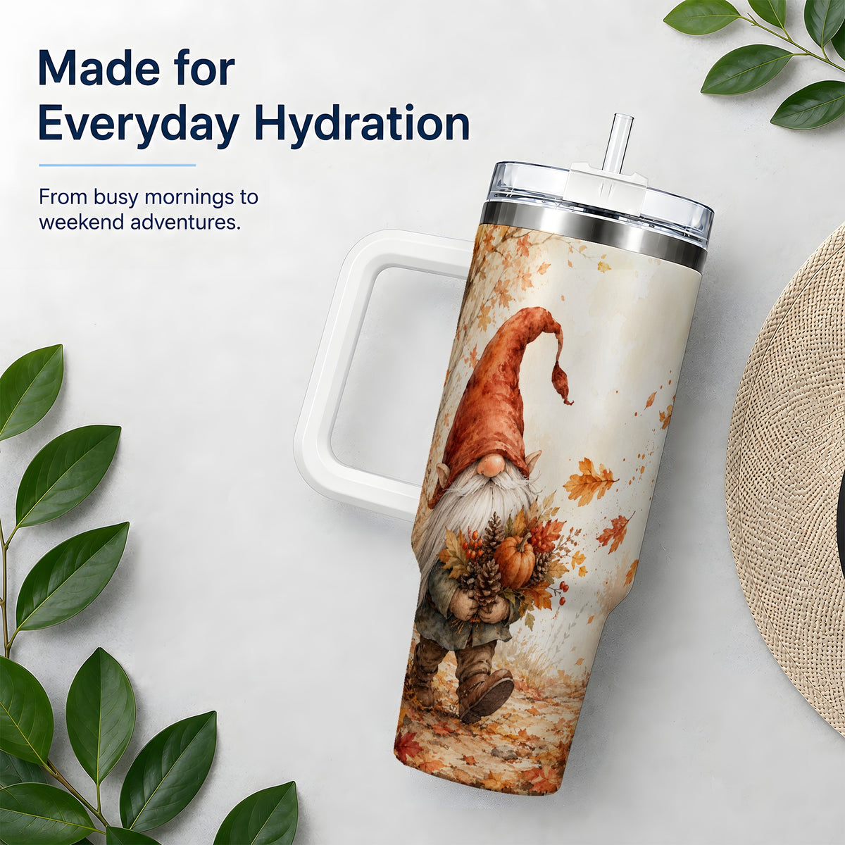 #pl[40oz|White] Autumn Gnome Handled Tumbler, 40oz Stainless Steel for Gnome Fans