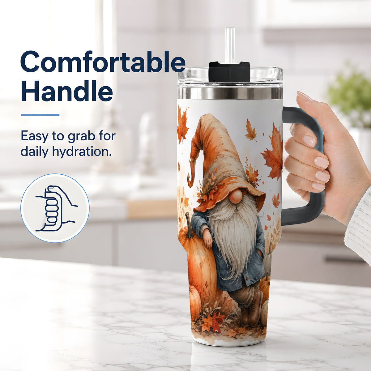 #pl[40oz|Black] Autumn Gnome Pumpkin 40oz Tumbler, Fall Harvest Maple Leaf Design
