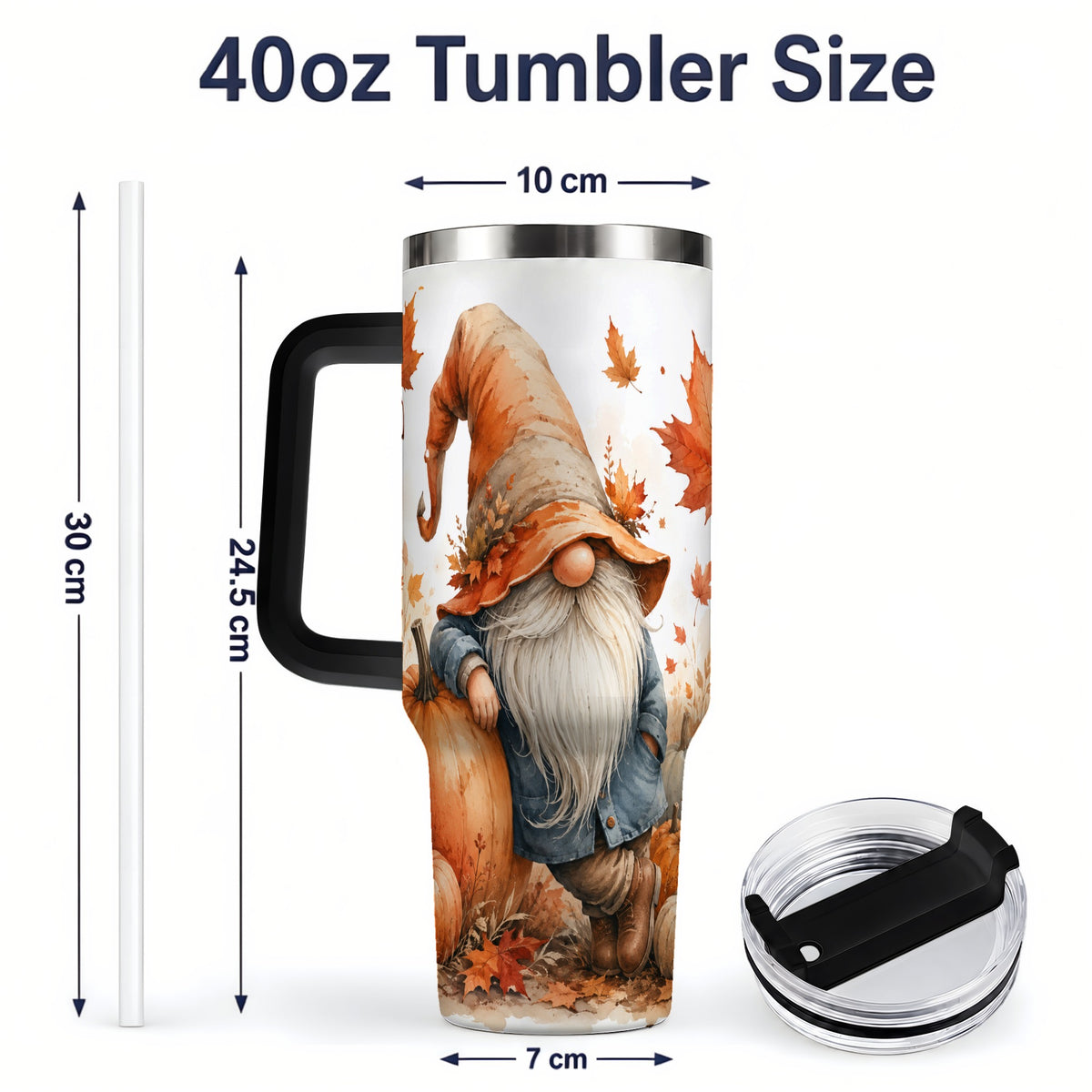 #pl[40oz|Black] Autumn Gnome Pumpkin 40oz Tumbler, Fall Harvest Maple Leaf Design