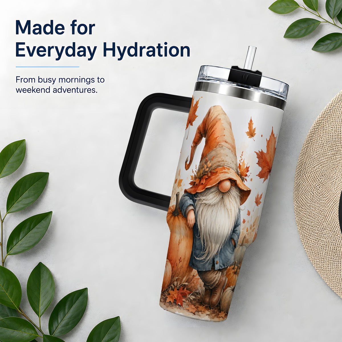 #pl[40oz|Black] Autumn Gnome Pumpkin 40oz Tumbler, Fall Harvest Maple Leaf Design
