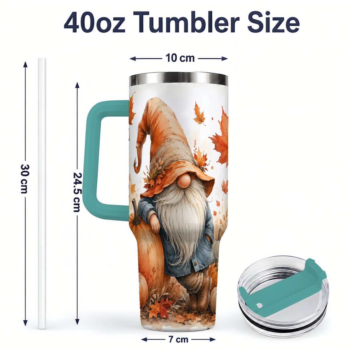 #pl[40oz|Green] Autumn Gnome Pumpkin 40oz Tumbler, Fall Harvest Maple Leaf Design