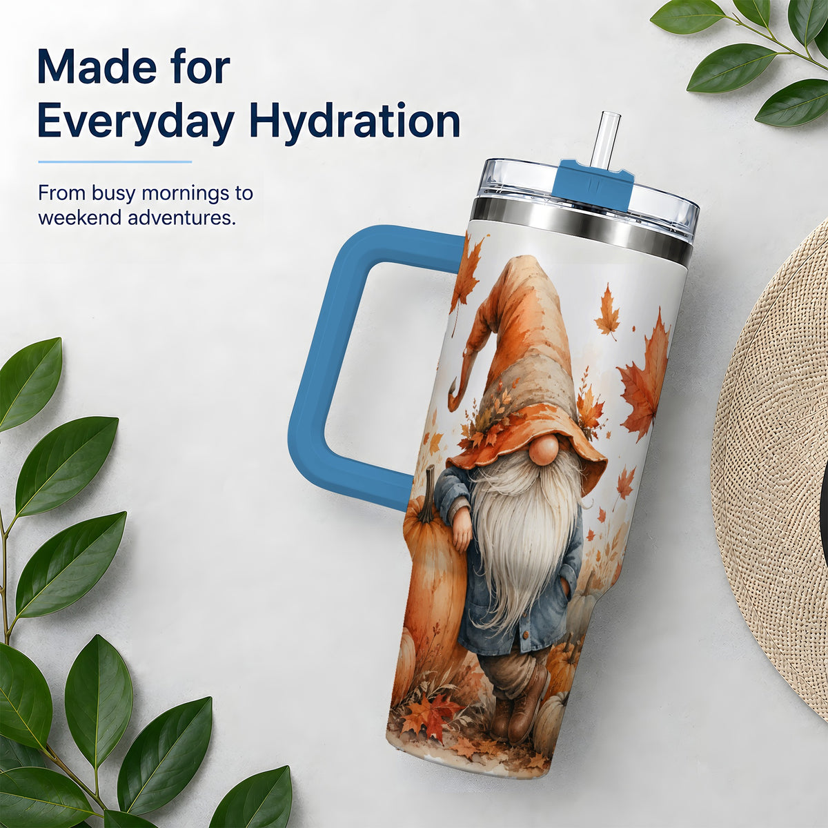 #pl[40oz|Blue] Autumn Gnome Pumpkin 40oz Tumbler, Fall Harvest Maple Leaf Design