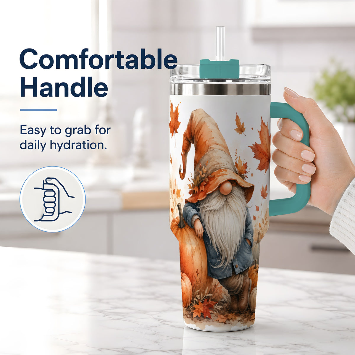 #pl[40oz|Green] Autumn Gnome Pumpkin 40oz Tumbler, Fall Harvest Maple Leaf Design