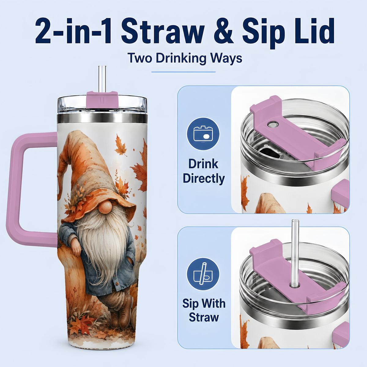 #pl[40oz|Pink] Autumn Gnome Pumpkin 40oz Tumbler, Fall Harvest Maple Leaf Design