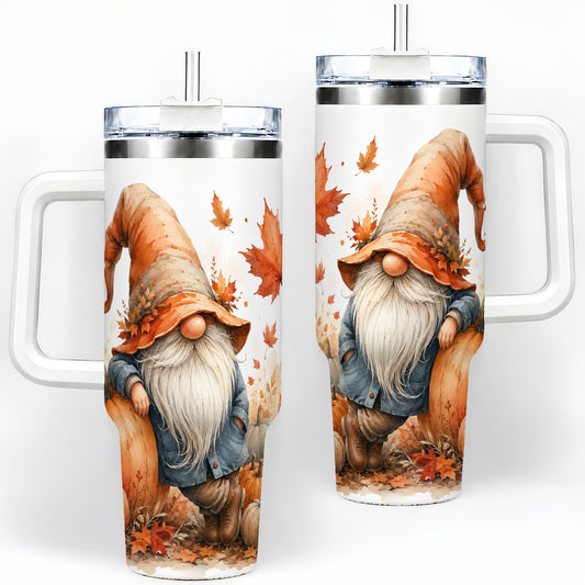 Autumn Gnome Pumpkin 40oz Tumbler, Fall Harvest Maple Leaf Design