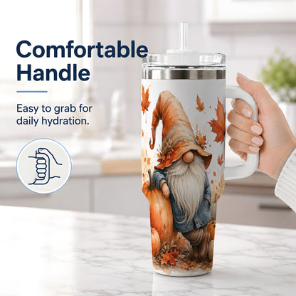 #pl[40oz|White] Autumn Gnome Pumpkin 40oz Tumbler, Fall Harvest Maple Leaf Design