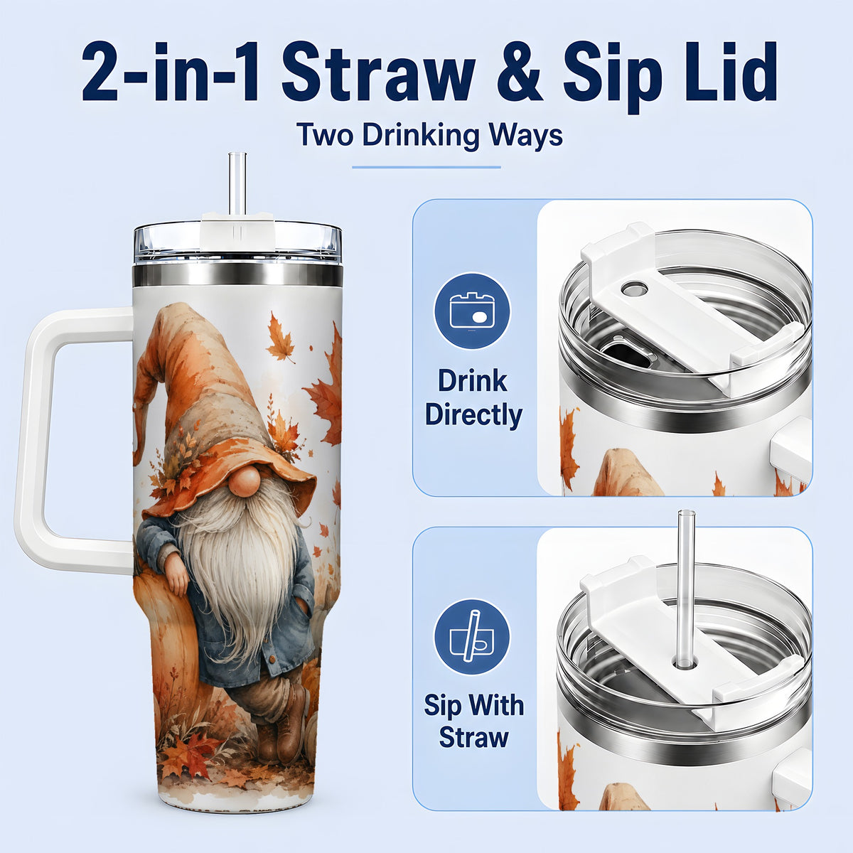 #pl[40oz|White] Autumn Gnome Pumpkin 40oz Tumbler, Fall Harvest Maple Leaf Design