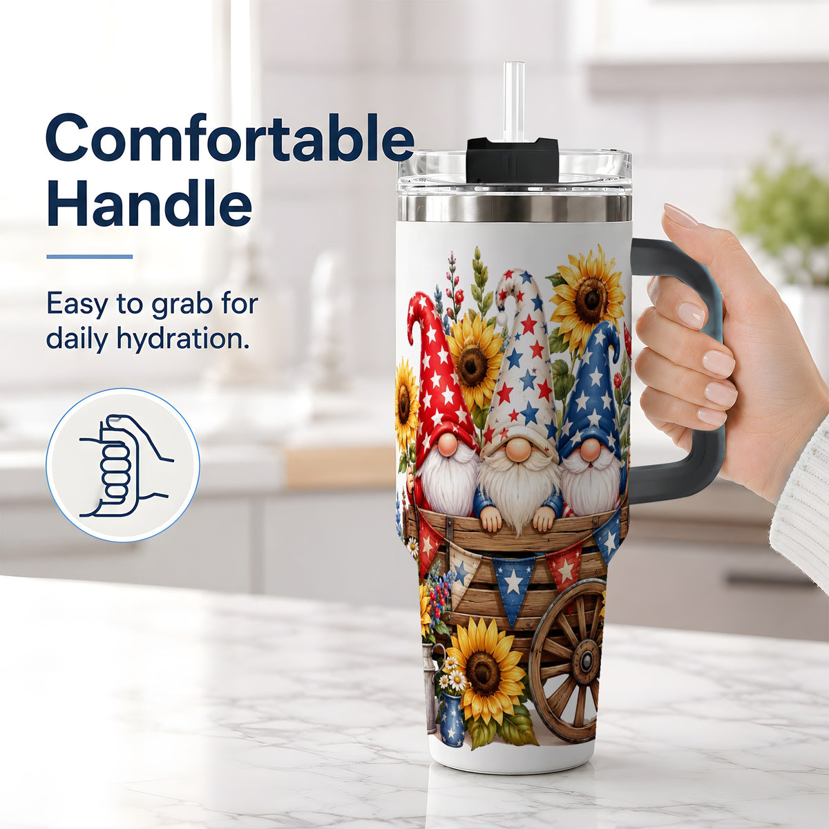 #pl[40oz|Black] Patriotic Gnome Sunflower 40oz Tumbler, Red White Blue Star Design