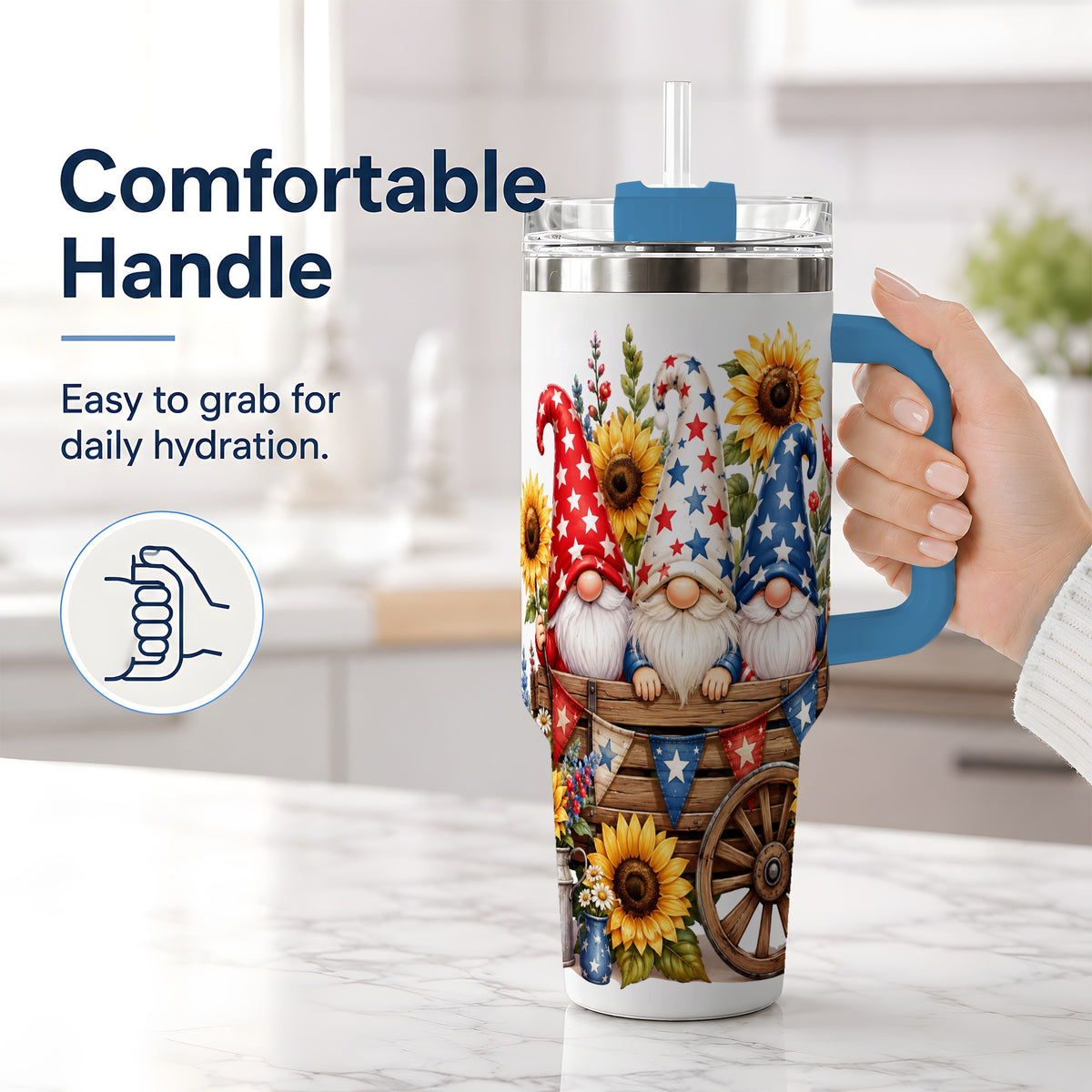 #pl[40oz|Blue] Patriotic Gnome Sunflower 40oz Tumbler, Red White Blue Star Design