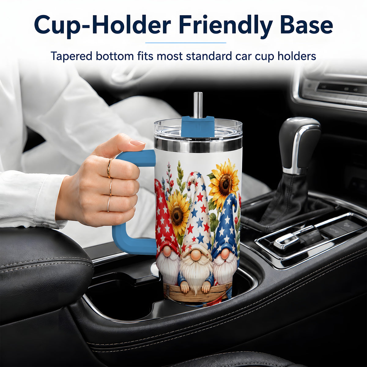 #pl[40oz|Blue] Patriotic Gnome Sunflower 40oz Tumbler, Red White Blue Star Design
