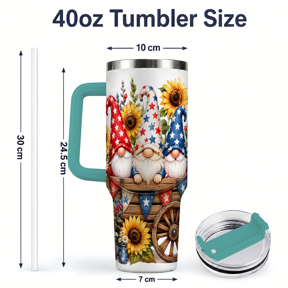 #pl[40oz|Green] Patriotic Gnome Sunflower 40oz Tumbler, Red White Blue Star Design