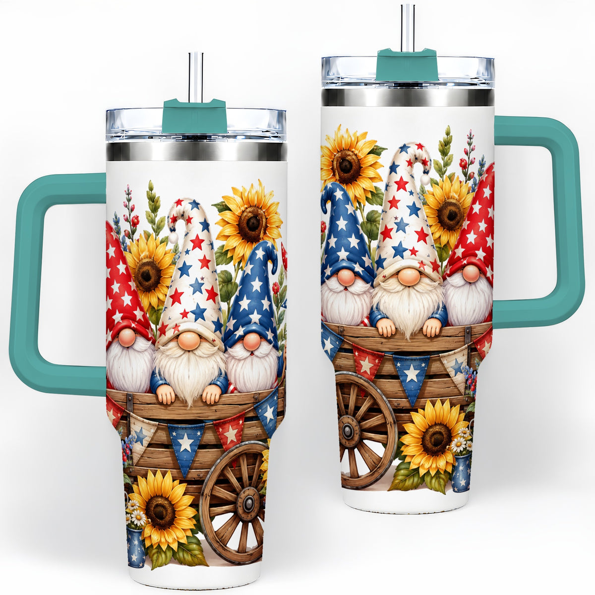 #pl[40oz|Green] Patriotic Gnome Sunflower 40oz Tumbler, Red White Blue Star Design