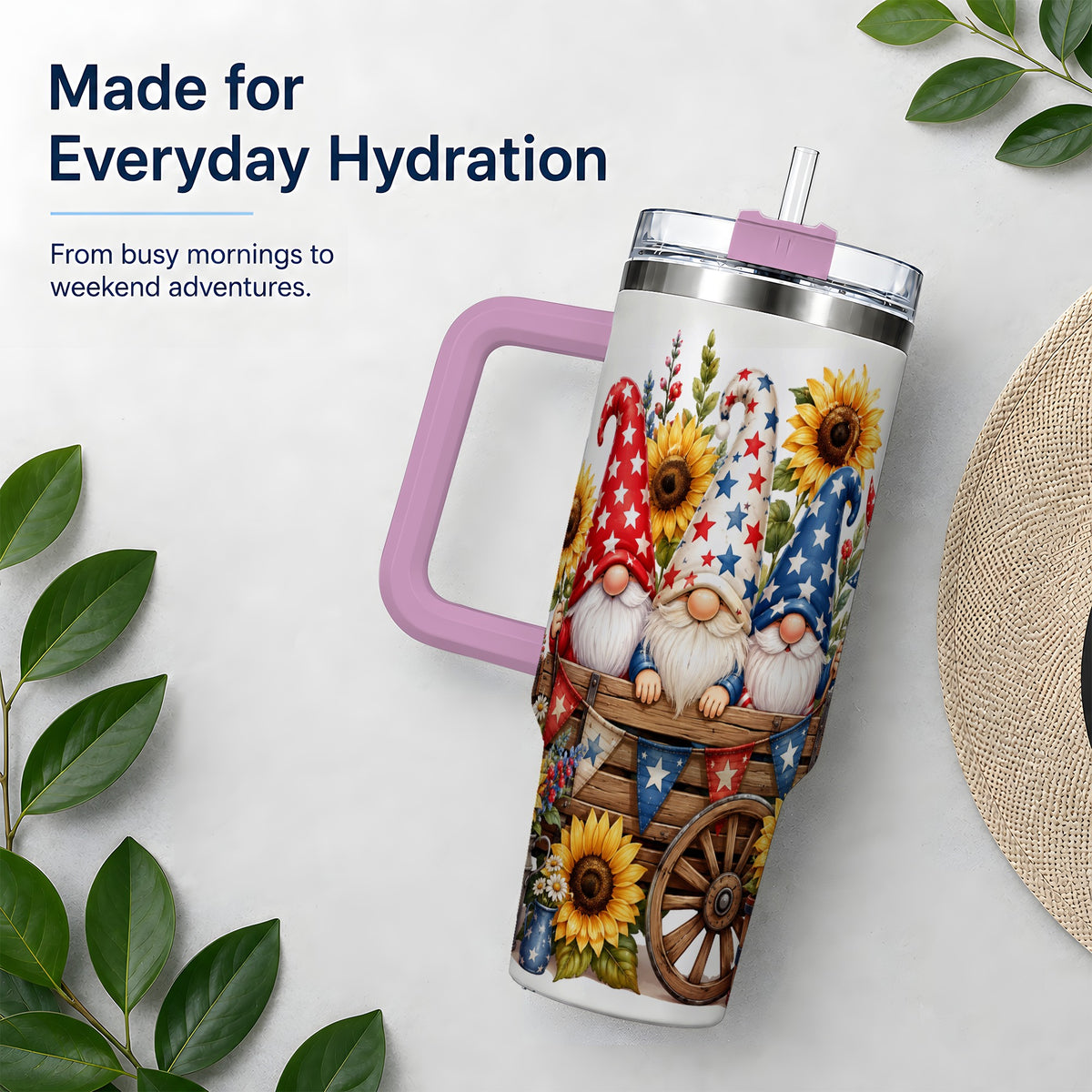#pl[40oz|Pink] Patriotic Gnome Sunflower 40oz Tumbler, Red White Blue Star Design