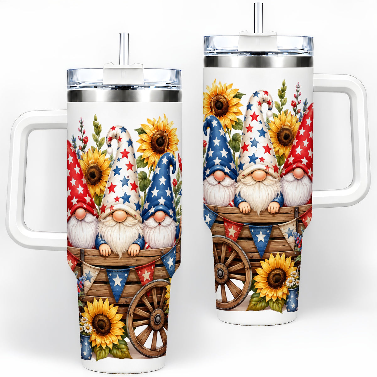 Patriotic Gnome Sunflower 40oz Tumbler, Red White Blue Star Design